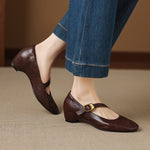 Dark brown Mary Jane shoes with round toe, buckle strap, low heel