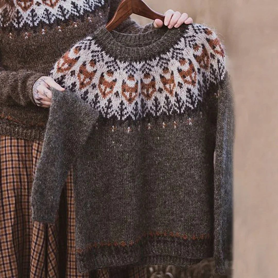 Knit pullover sweater with fair isle yoke, crew neck, long sleeves, dark gray.