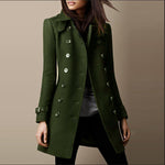 Green women's long winter coat with double-breasted button front, notch lapels, belted cuffs