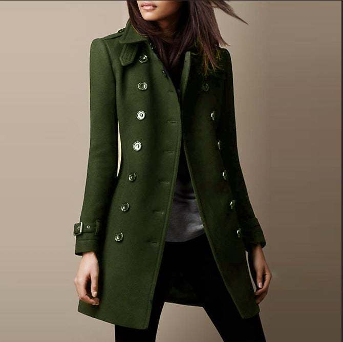 Green women's long winter coat with double-breasted button front, notch lapels, belted cuffs