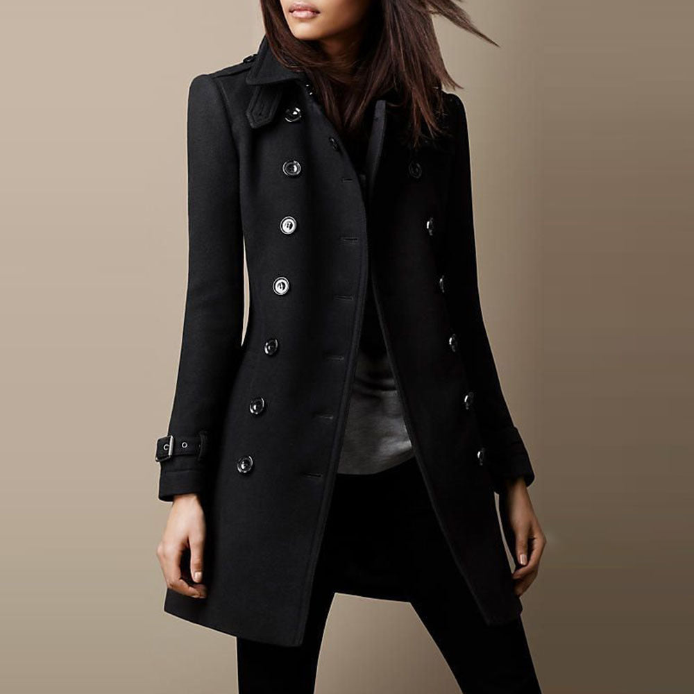 Black women's long winter coat, double-breasted buttons, notch lapels, belted cuff detail