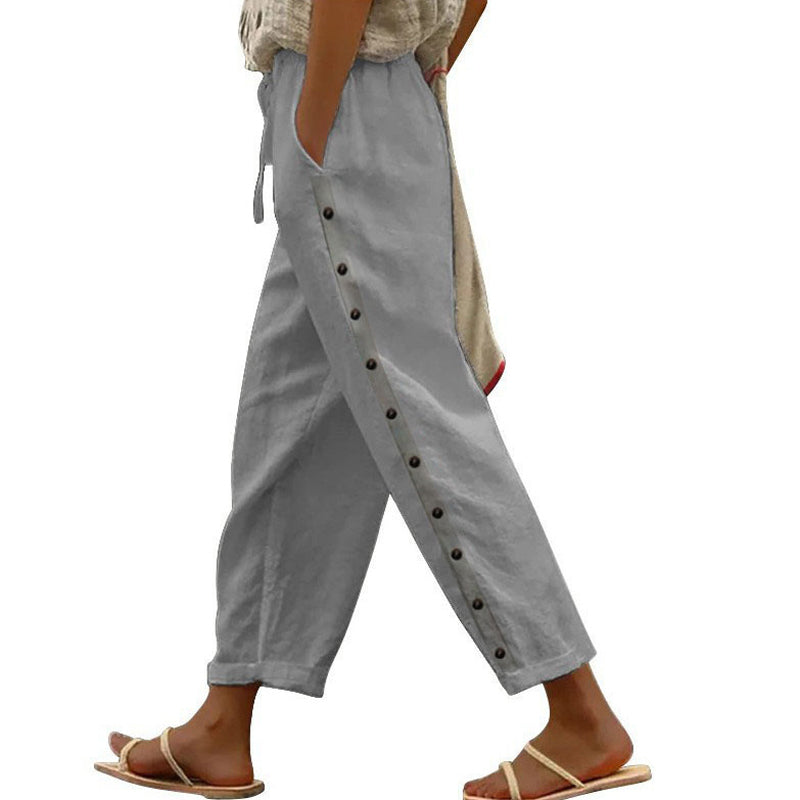 Dorin straight-leg trousers with drawstring waist and side button placket, light gray