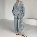 Gray and white striped set: tie-waist jacket top and wide-leg trousers