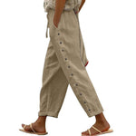 Dorin straight-leg trousers with drawstring waist and side button detail, khaki beige