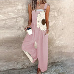 Loose printed overalls, sleeveless pink with large daisy front graphic