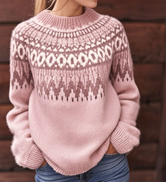 Pink knit pullover sweater with fair isle pattern, ribbed crew neck and cuffs