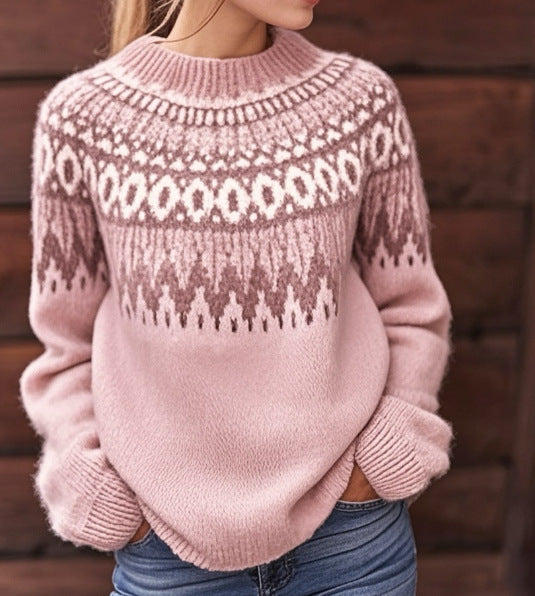 Pink knit pullover sweater with fair isle pattern, ribbed crew neck and cuffs