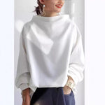 White high-neck pullover sweater with long sleeves