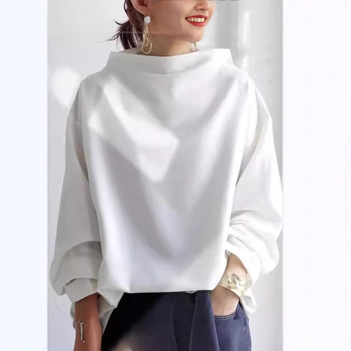 White high-neck pullover sweater with long sleeves