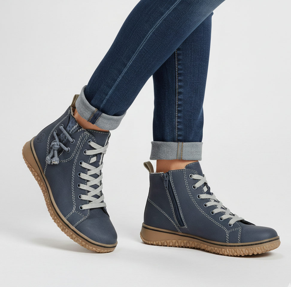 Nima women’s orthopedic winter footwear, navy blue high-top sneakers with side zipper