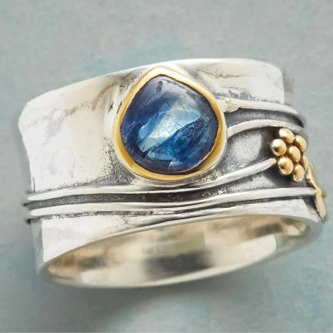 Vintage blue sapphire sterling silver ring, gold bezel oval stone, layered hammered band