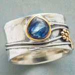 Vintage blue sapphire sterling silver ring, gold bezel oval stone, layered hammered band