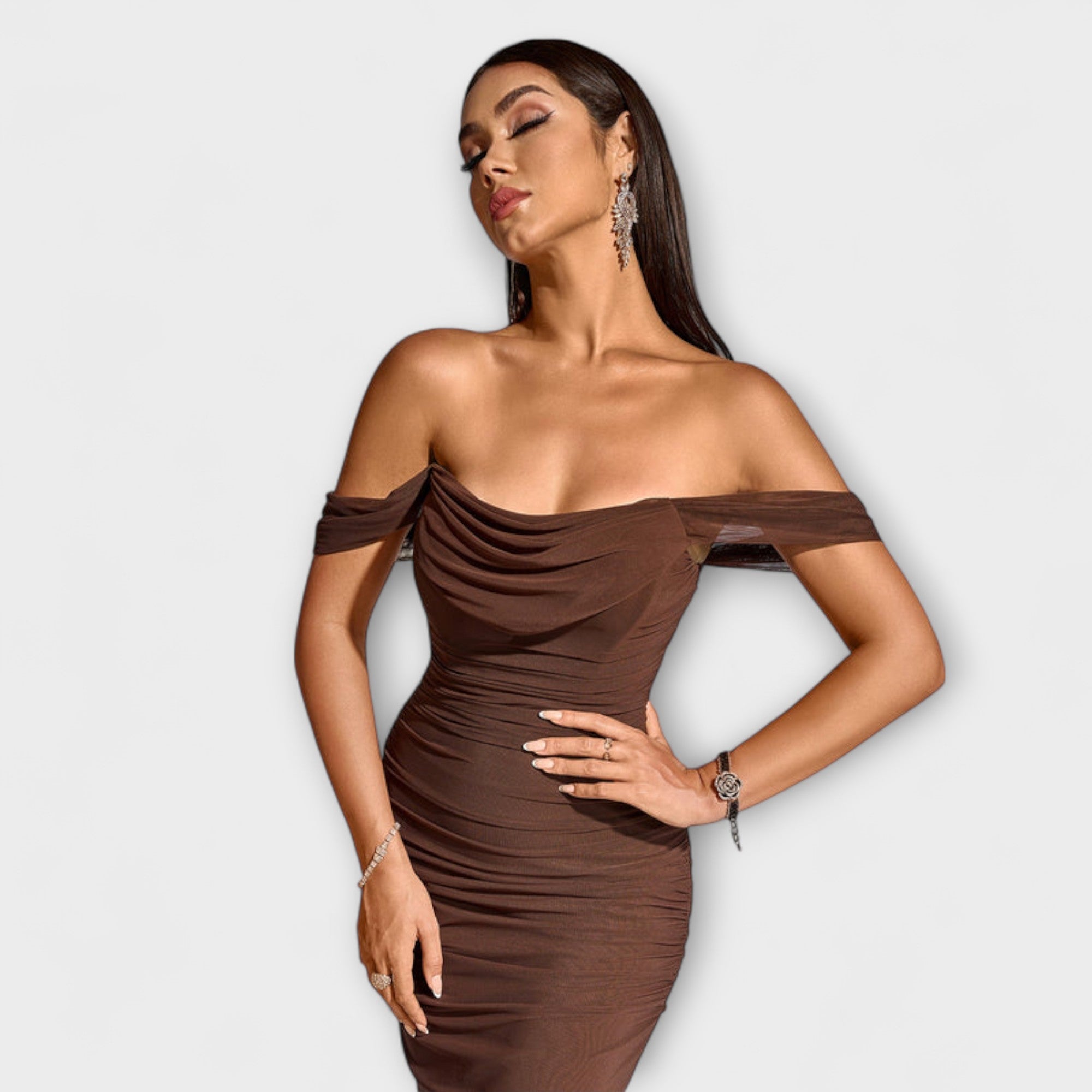 Brown off-shoulder bodycon dress with ruched drape detail across the bust and waist