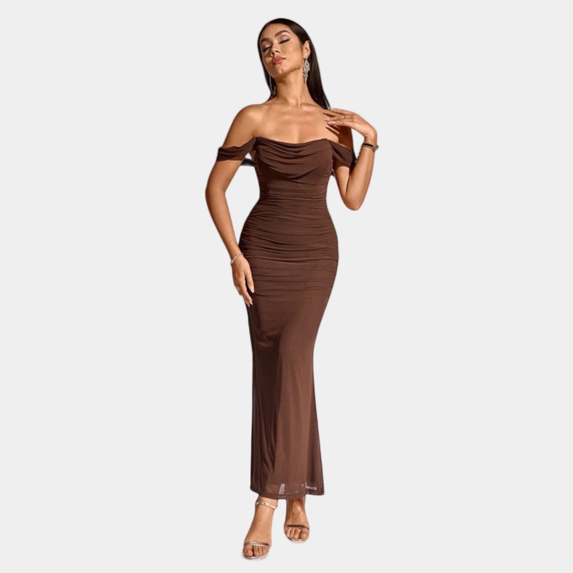 Brown bodycon off-shoulder evening dress with draped bust and long fitted skirt