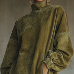 Suede high-neck dress with long sleeves and fringe hem, green