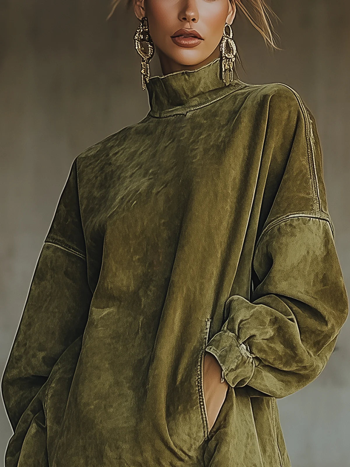 Suede shift dress with high neck and long sleeves; olive green with fringe