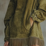 Suede shift dress detail with fringe hem and long sleeves; olive green