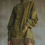 Suede shift dress with high neck, long sleeves, fringe hem, green