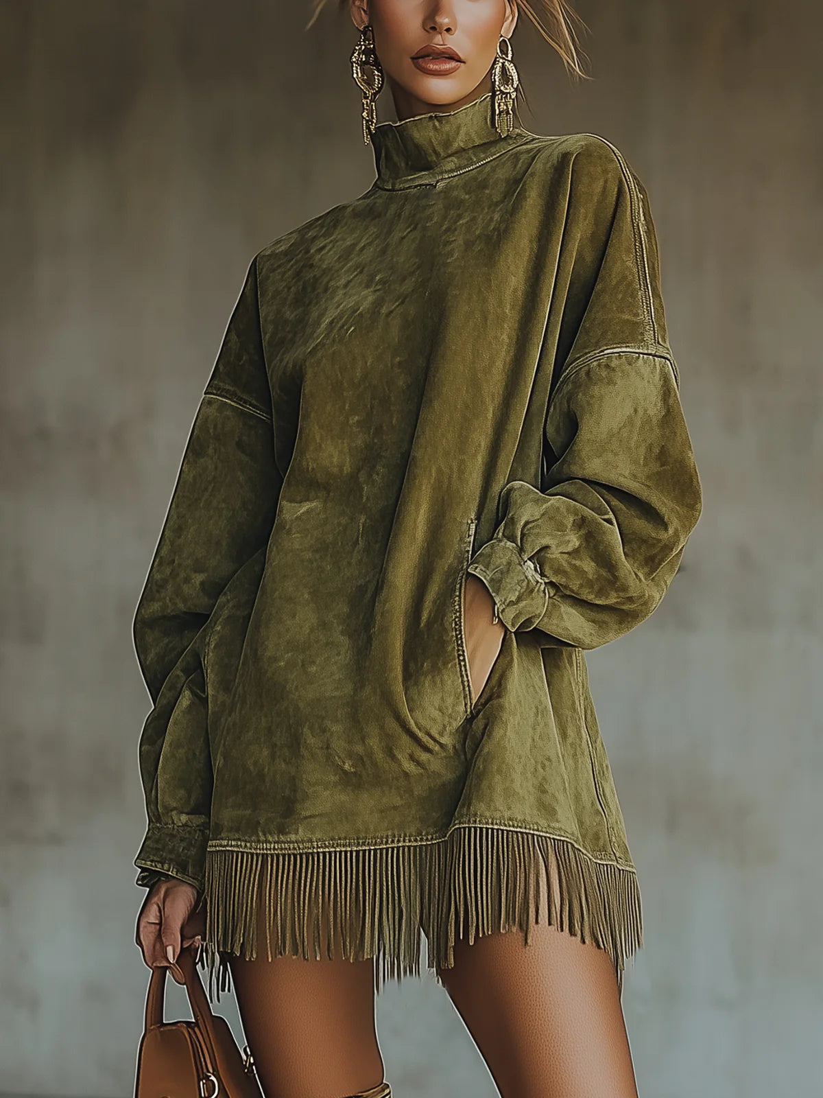 Suede shift dress with high neck, long sleeves, fringe hem, green