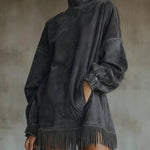 Suede shift dress with high neck, long sleeves, fringe hem; dark gray