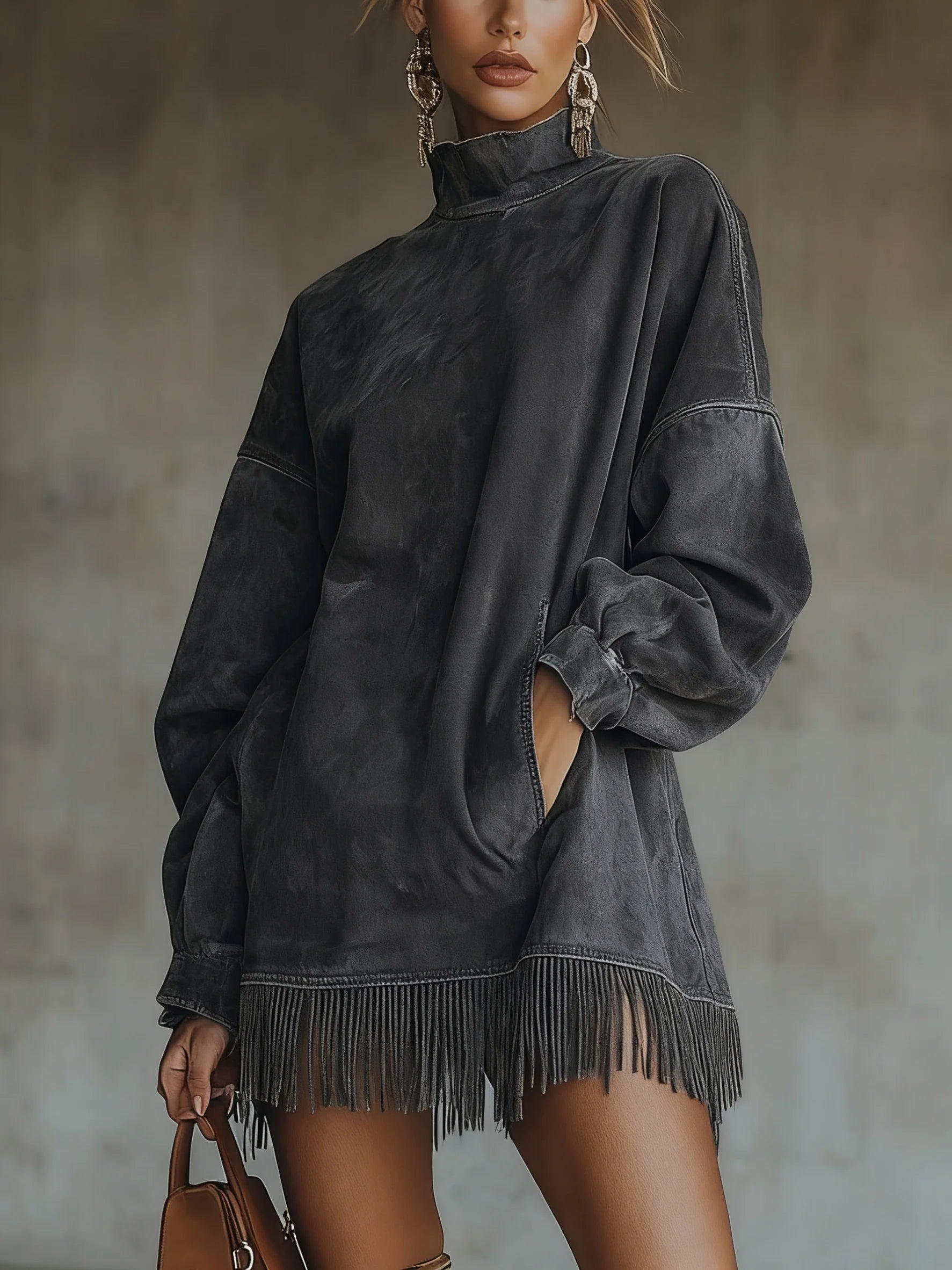 Suede shift dress with high neck, long sleeves, fringe hem; dark gray