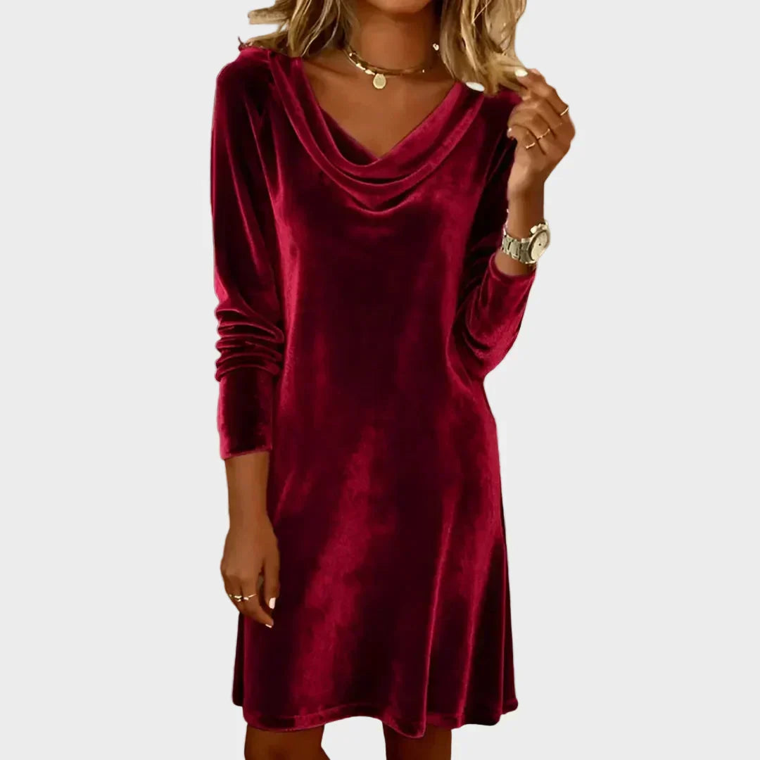 Velvet mini dress, dark red, draped cowl neckline, long sleeves, relaxed fit