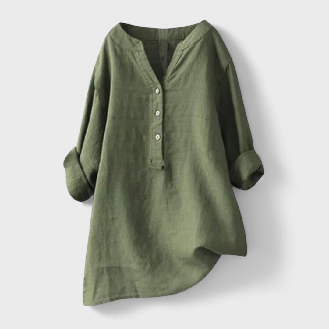 Green comfort shirt with V-neck, button front, and loose cuffed sleeves