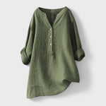Green comfort shirt with V-neck, button front, and loose cuffed sleeves