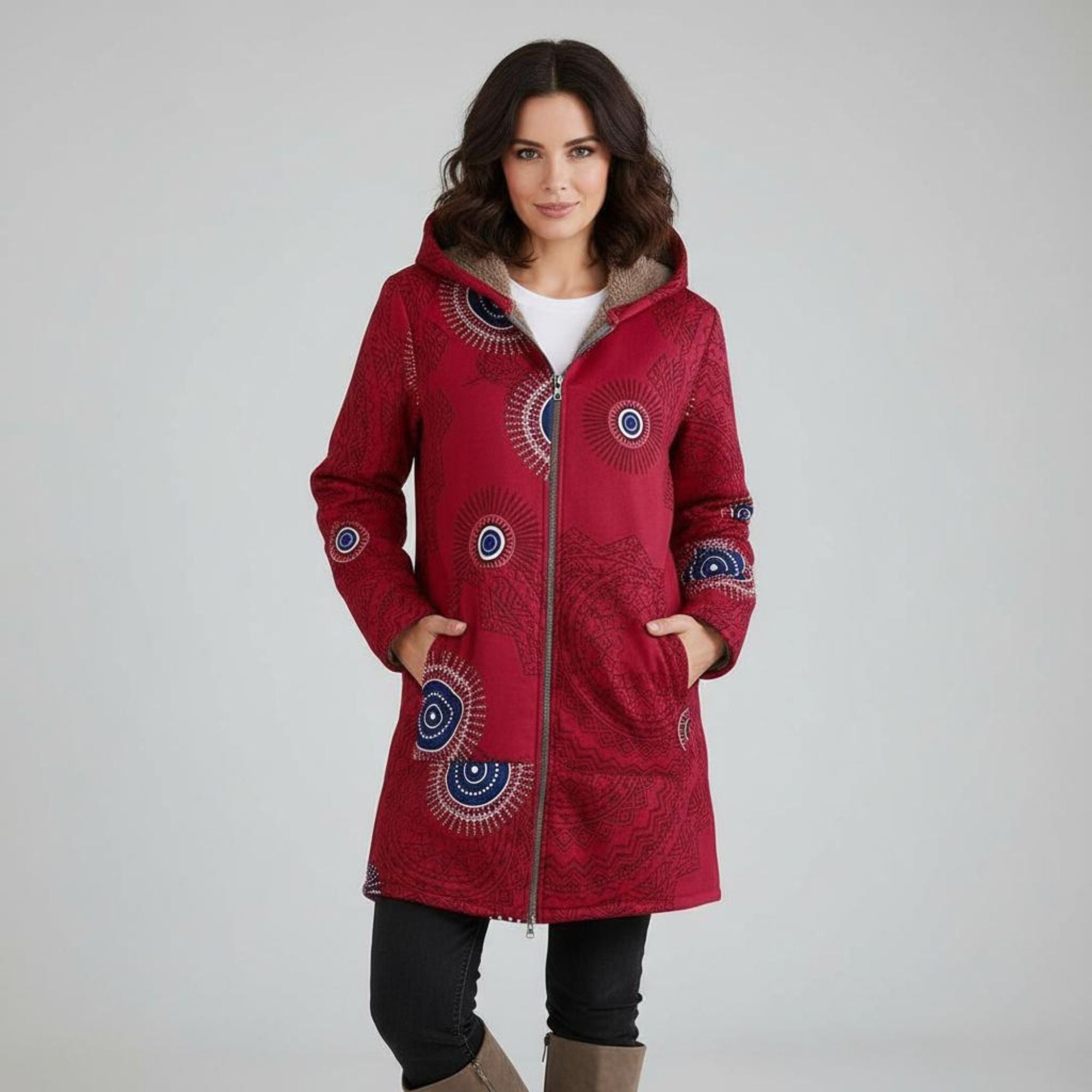 Boho winter jacket, hooded red with blue circular embroidery and front zipper