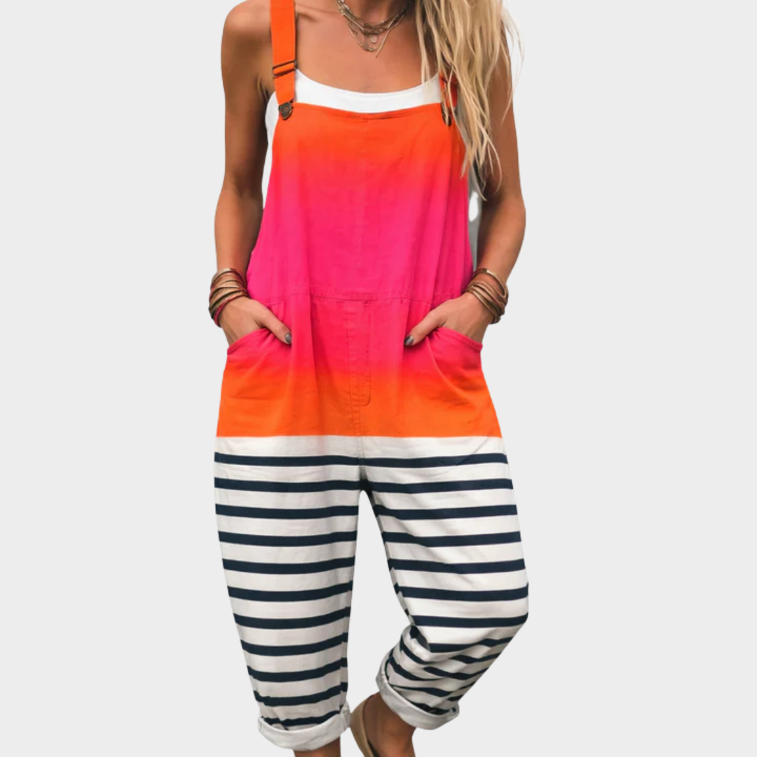 Loose printed short overalls with pink-orange bib, striped legs, adjustable straps