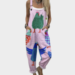 Lightweight pink printed overalls with colorful bird graphic, adjustable straps, loose fit