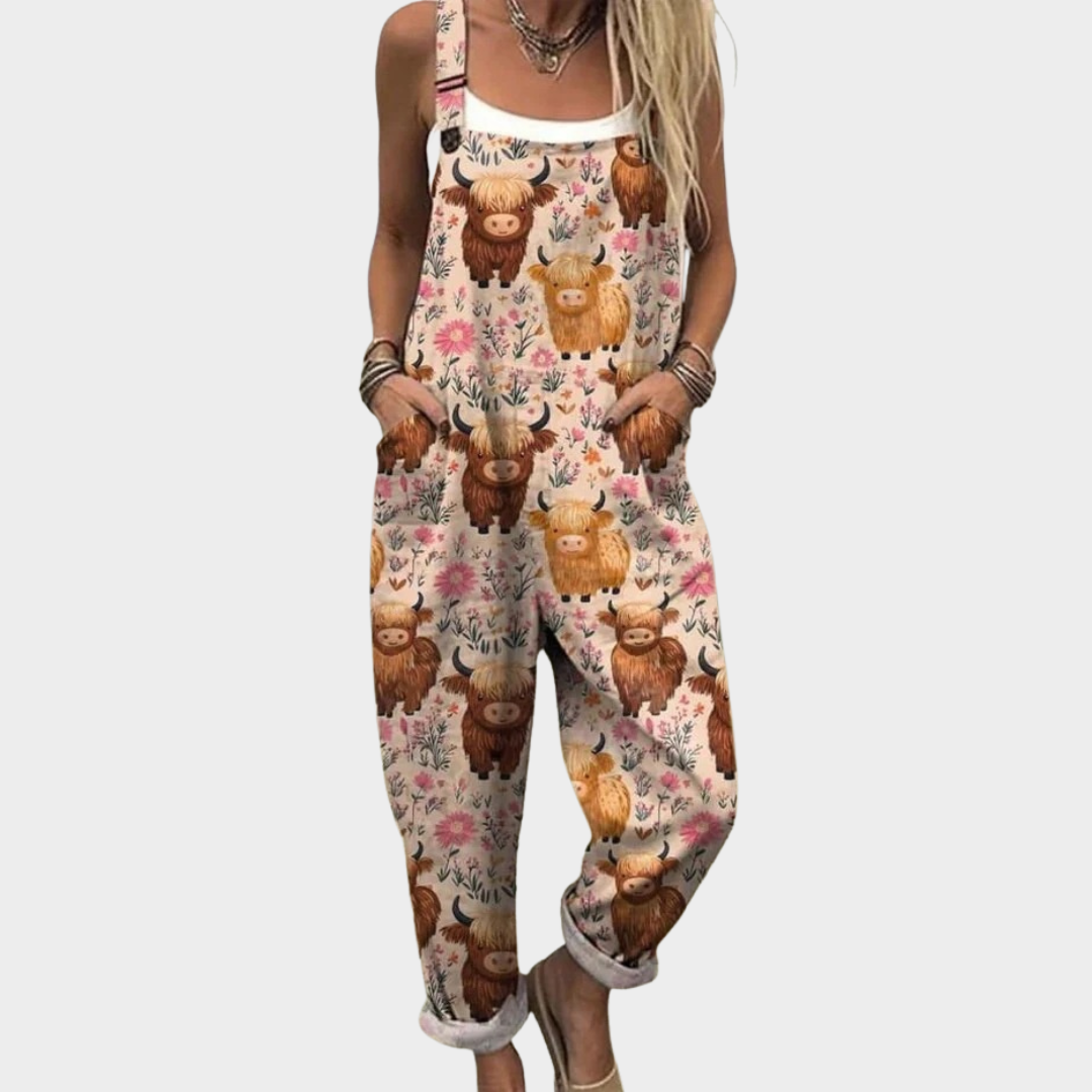 Loose printed overalls with woodland animal print, wide straps, relaxed sleeveless fit