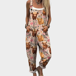 Loose printed overalls with woodland animal print, wide straps, relaxed sleeveless fit