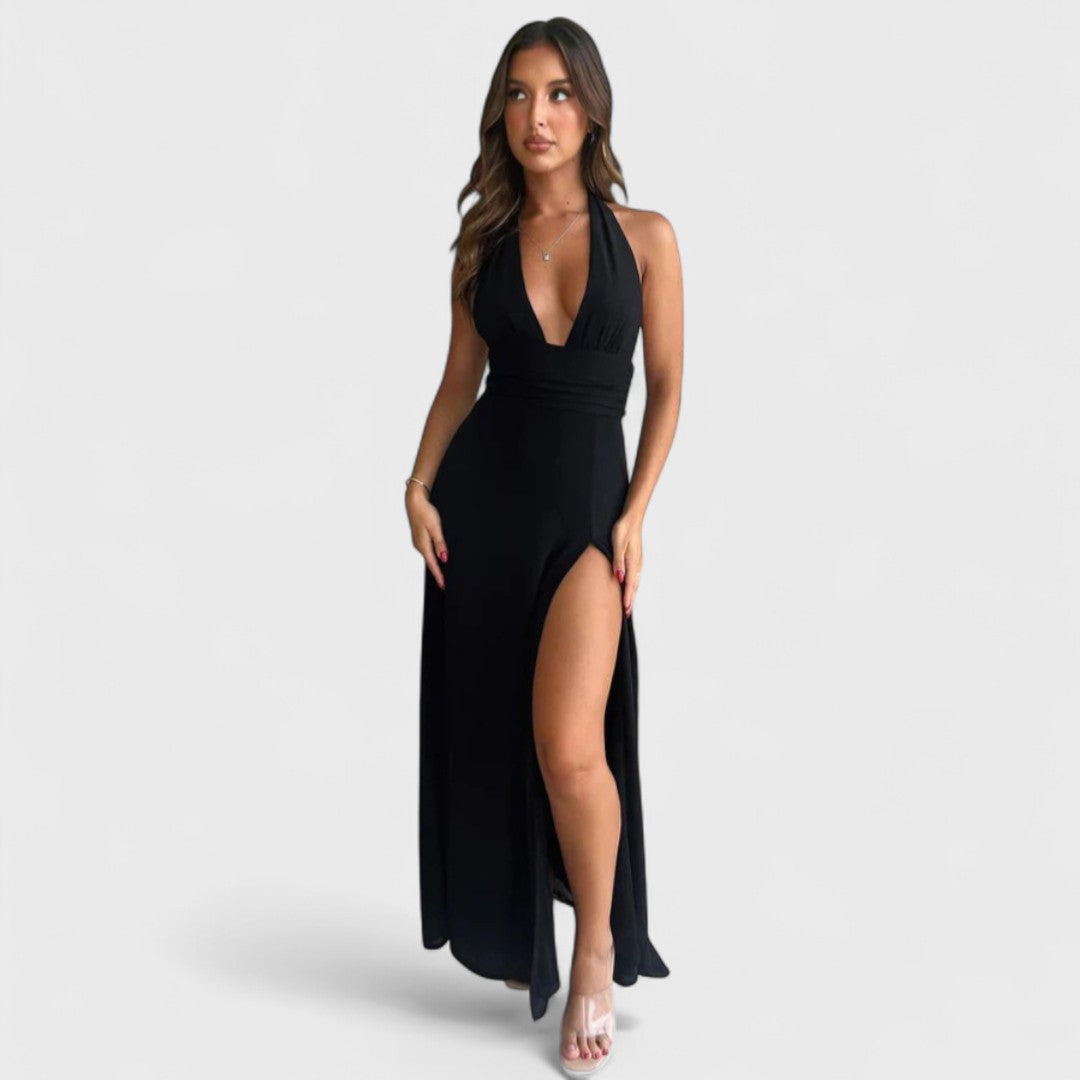Black long halter dress with V-neckline and side thigh slit