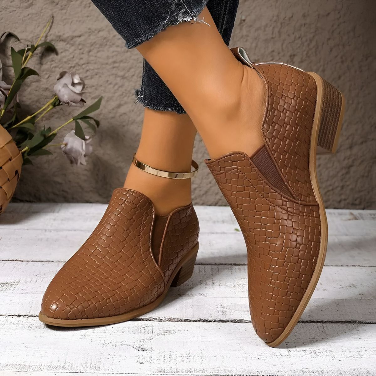 Tan textured ankle boots with block heel and decorative cuff strap