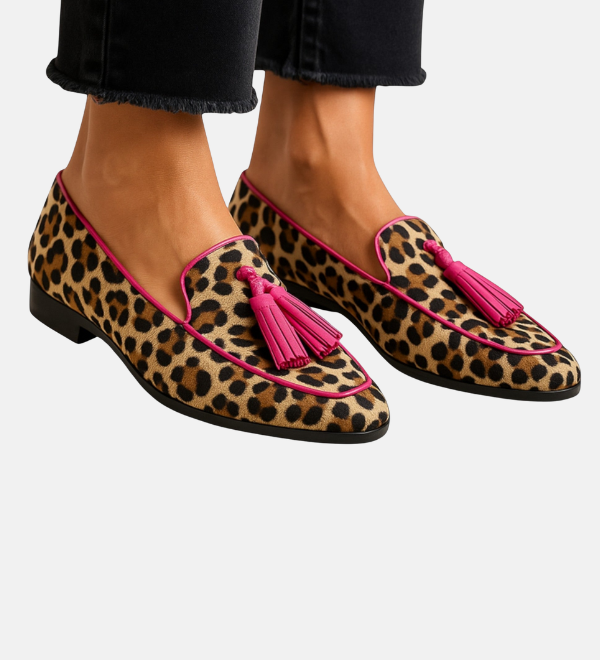 Leopard moccasin shoes with magenta tassel trim, pink piping, low-profile sole