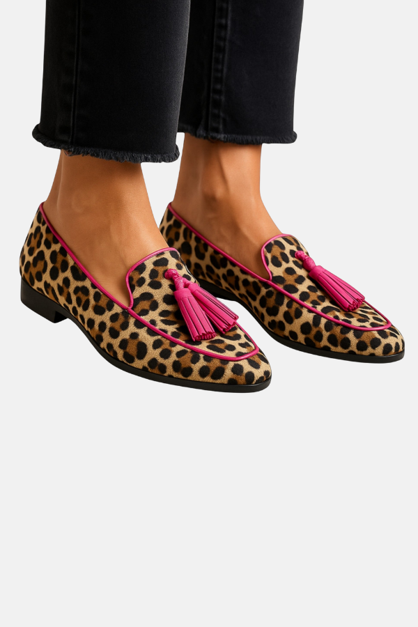 Leopard moccasin shoes with magenta tassel trim, pink piping, low-profile sole