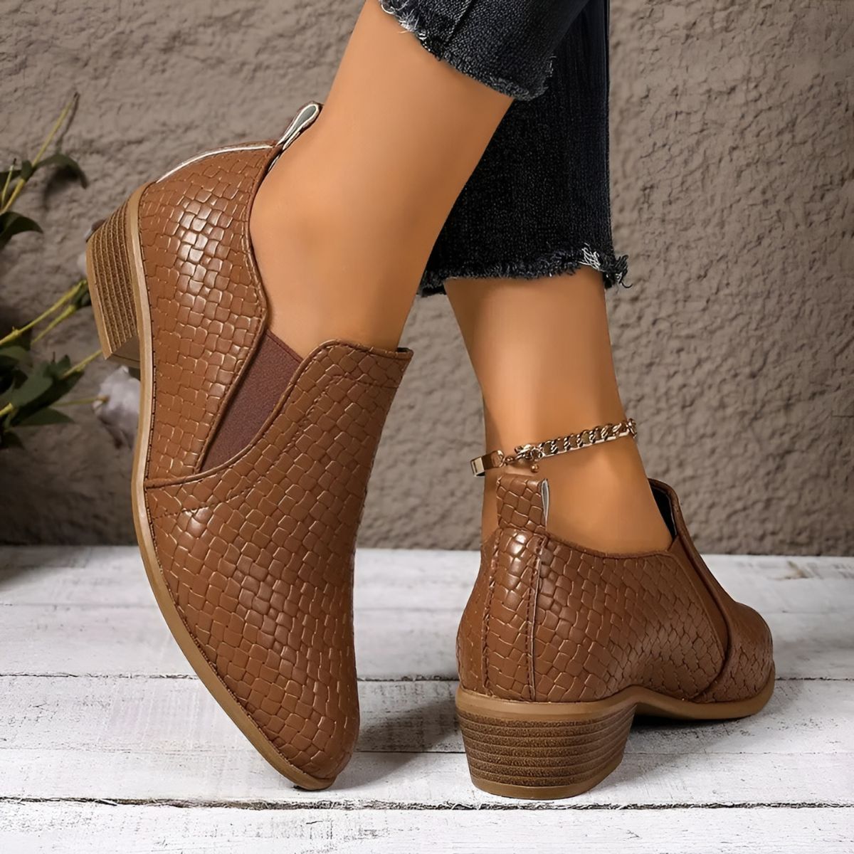 Cognac textured ankle boots with chain strap and stacked block heel