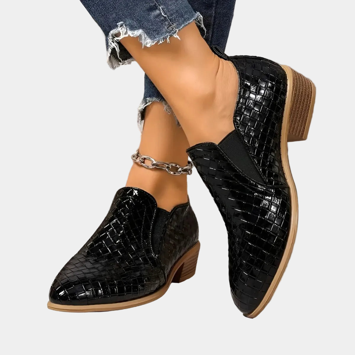 Black textured leather-look ankle boots with chain strap and block heel