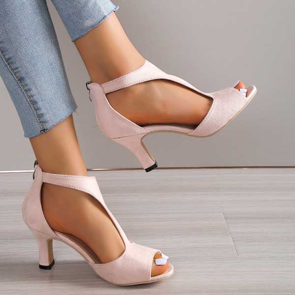 Women’s orthopedic heeled sandals, pale pink, low-profile strap and block heel