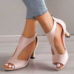 Women’s orthopedic heeled sandals, pale pink, T-strap and stable high heel