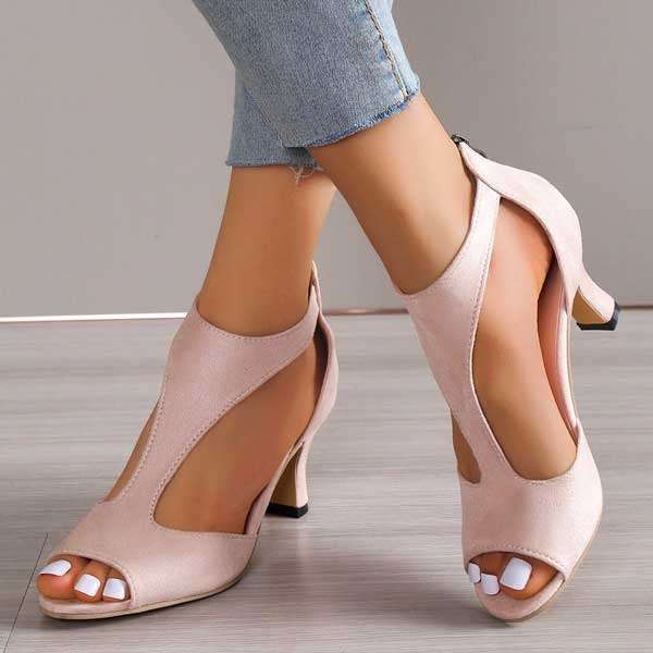Women’s orthopedic heeled sandals, pale pink, T-strap and stable high heel