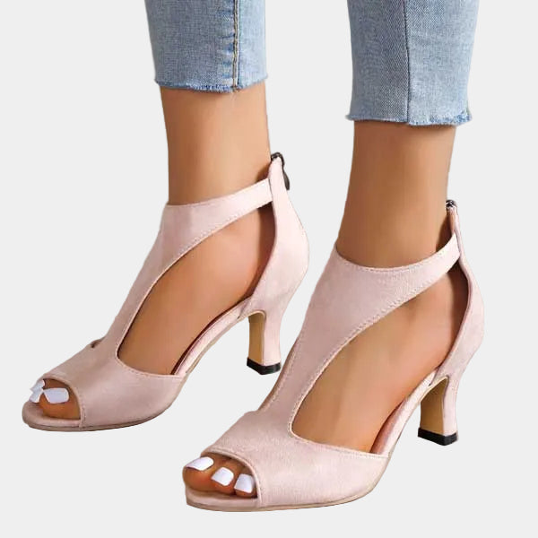 Women’s orthopedic heeled sandals, pale pink, open toe with ankle strap