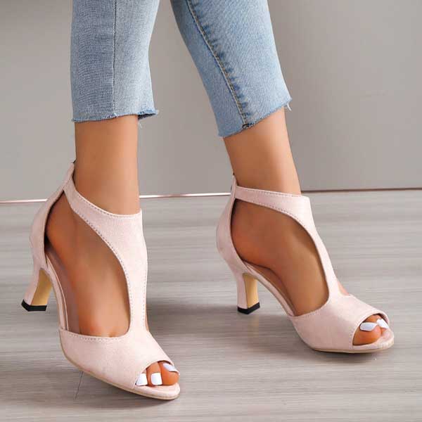 Women’s orthopedic heeled sandals, pale pink suede-like upper, open toe