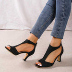 Women’s orthopedic heeled sandals, black, open toe with ankle strap and block heel