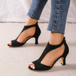 Women’s orthopedic heeled sandals, black, open toe and mid-height block heel