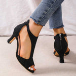 Women’s orthopedic heeled sandals, black, side view with heel strap detail