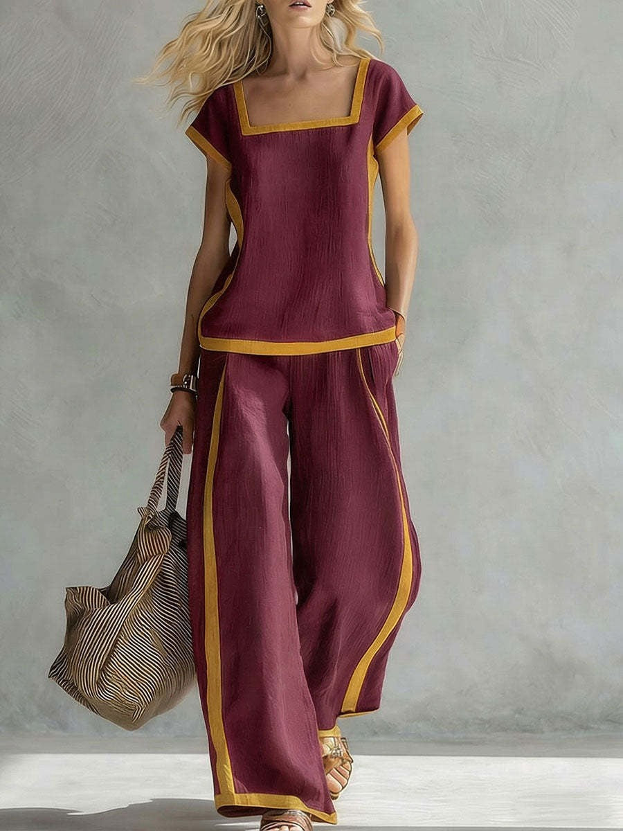 Dark blue linen two-piece set with square neckline and matching wide-leg pants
