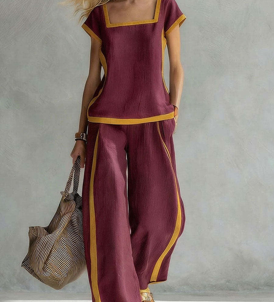 Dark blue linen two-piece set with square neckline and matching wide-leg pants