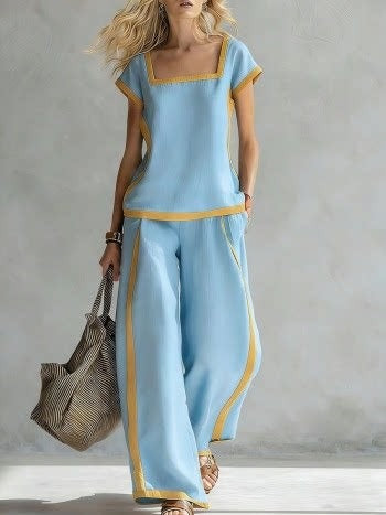 Light blue linen two-piece set with square neckline and matching wide-leg pants